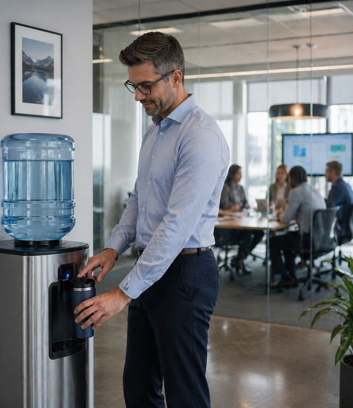 Professional filling a cup at an office water dispenser.