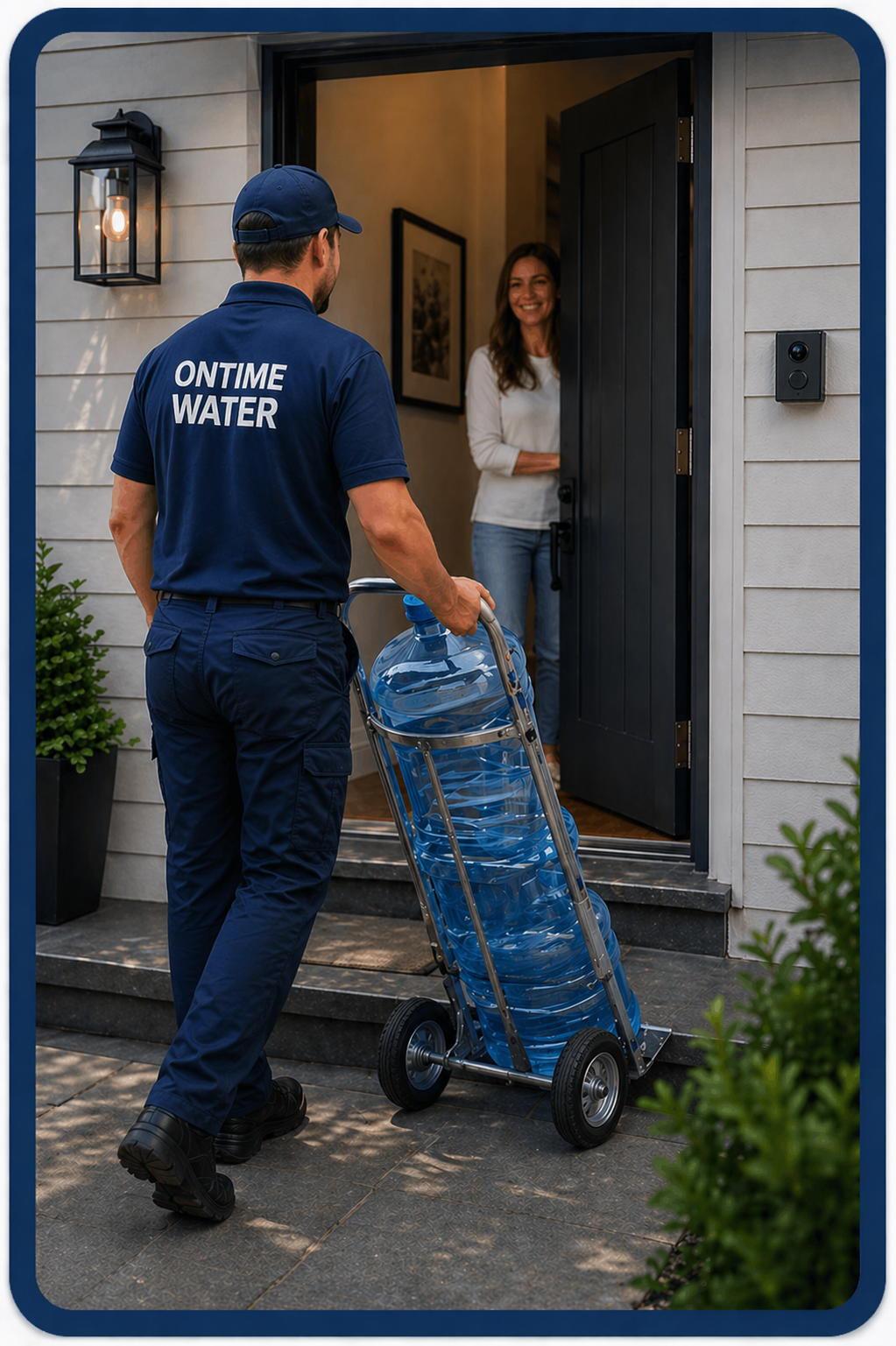 OnTime Water delivery driver bringing bottled water to a customer's front door.