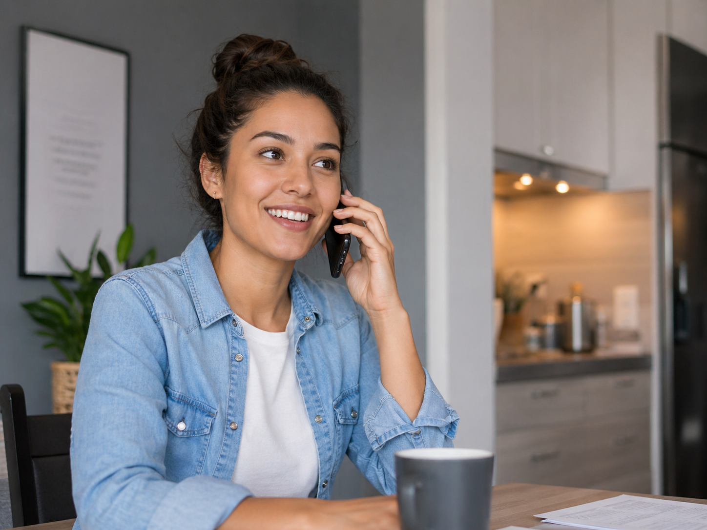 Woman smiling while talking on the phone at home.